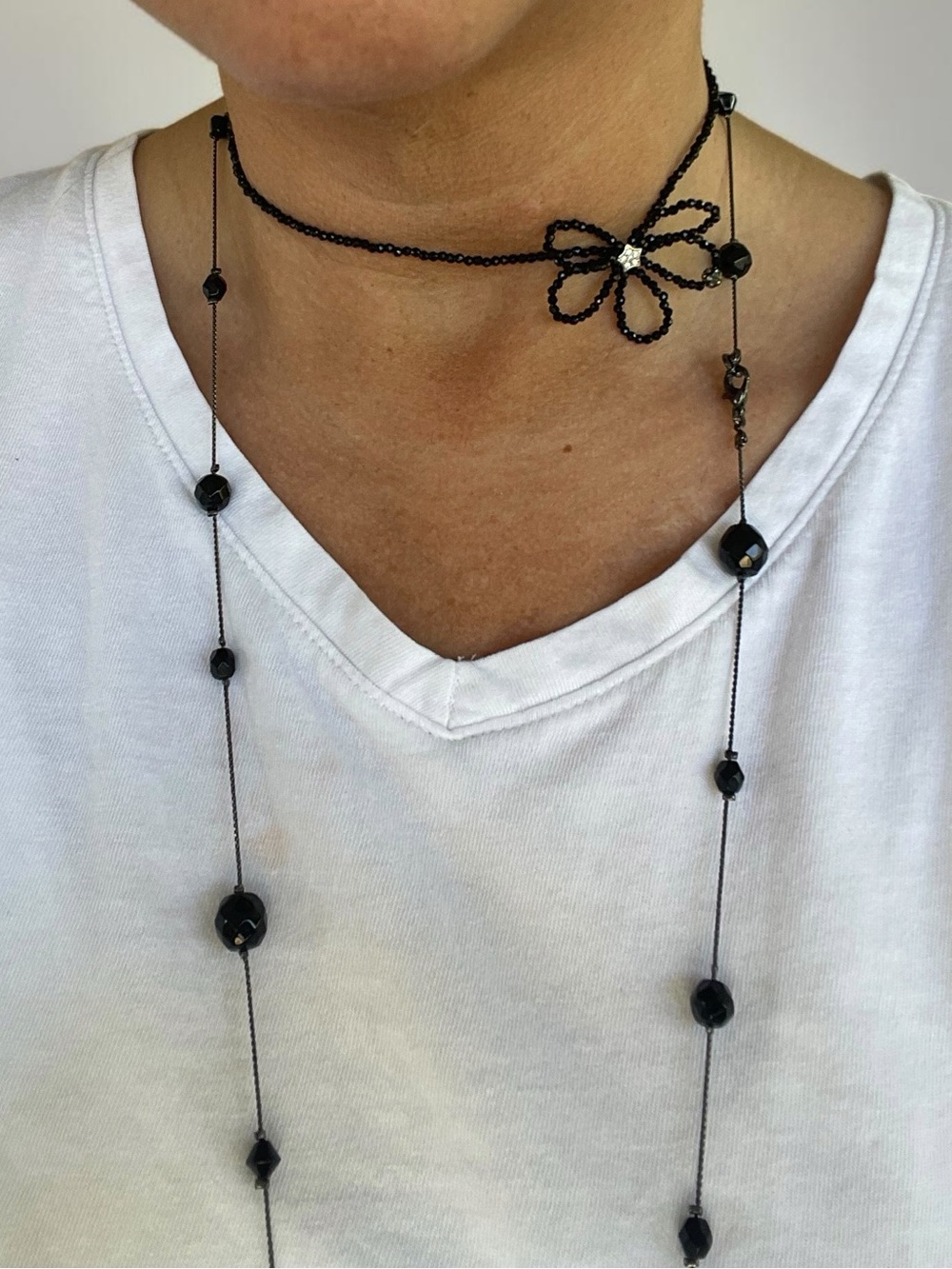 Beleza Curated Black Crystal Floral Choker Station Necklace Layering Set